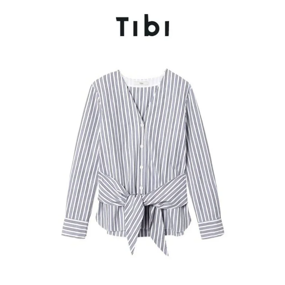 Tibi Liam Stripe V-Neck Shirt with Removable Tie Long Sleeve Button Front Size 2 - Picture 2 of 7